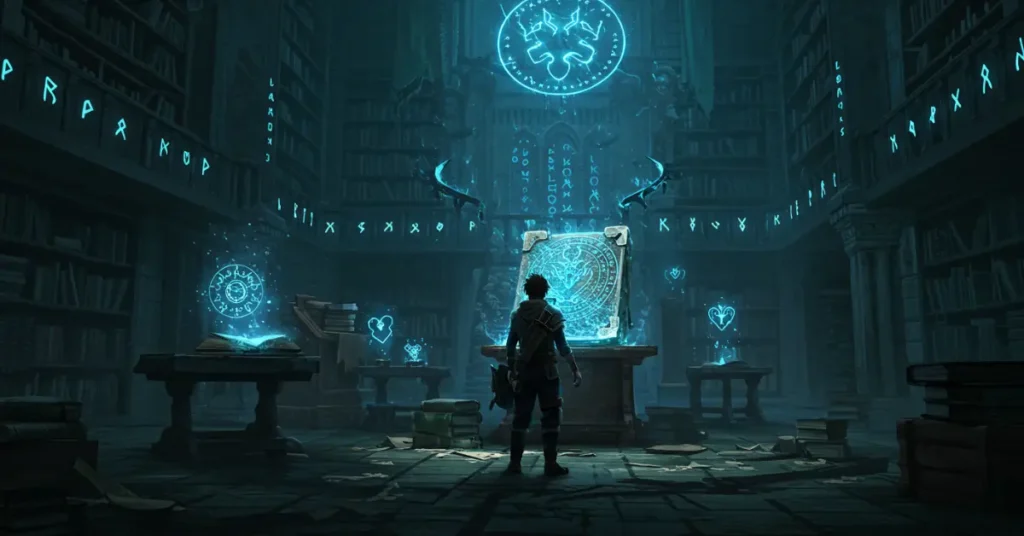 Uma cena sombria e atmosférica de uma biblioteca antiga repleta de prateleiras imponentes de livros antigos e arcanos e runas místicas brilhantes. Um jovem aventureiro em uma armadura rústica e desgastada pela batalha está diante de um tomo antigo, com a sala iluminada por uma luz azul etérea.