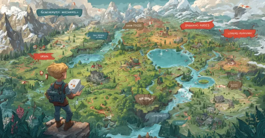 Um mapa estilizado do mundo do jogo dividido em regiões: "Montanhas da Gramática", "Floresta do Vocabulário", "Lagos Auditivos" e "Cidade Falante", cada uma com terrenos e ícones exclusivos, como livros de feitiços, fones de ouvido e controles de jogo.