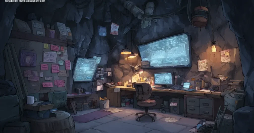 Uma base secreta de alta tecnologia escondida em uma caverna, cheia de monitores brilhantes mostrando aulas de inglês, post-its com missões, um “quadro de missões” com objetivos como “Assistir a uma série em inglês”, “Terminar a missão de vocabulário”