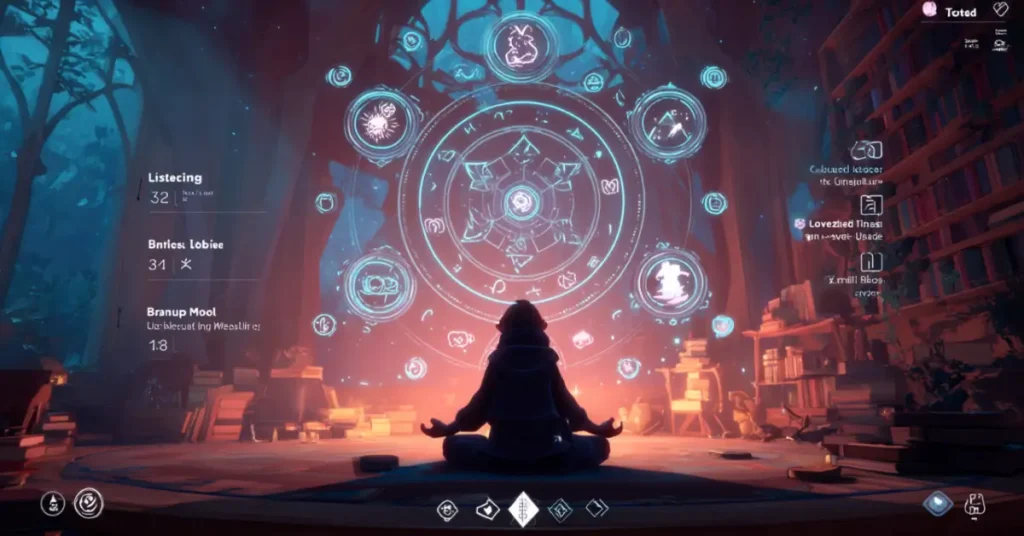 Uma interface de usuário flutuante de árvore de habilidades brilhando em uma sala mágica, exibindo habilidades como "Audição +10", "Gramática Desbloqueada", "Modo de Maratona" e "Subida de Nível: Viajante Fluente". Silhueta de personagem meditando sob ícones flutuantes.