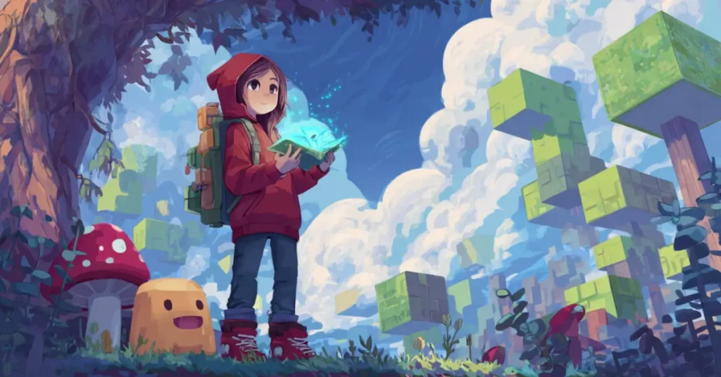 Um jovem herói de moletom e mochila, parado na beira de uma floresta em formato de blocos de Tetris e nuvens de 8 bits, segurando um guia brilhante para iniciantes. Criaturas amigáveis por perto.