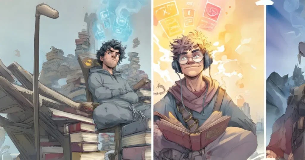 Uma arte dividida em duas partes. De um lado, um estudante preso a uma pilha de livros de gramática com cara de tédio, usando roupas cinzas e com uma corrente mágica o prendendo a uma cadeiraDo outro lado, o mesmo personagem agora em modo herói, equipado como um mago ou guerreiro geek, usando fones de ouvido, sorrindo e aprendendo gramática 'em campo' enquanto joga um RPG