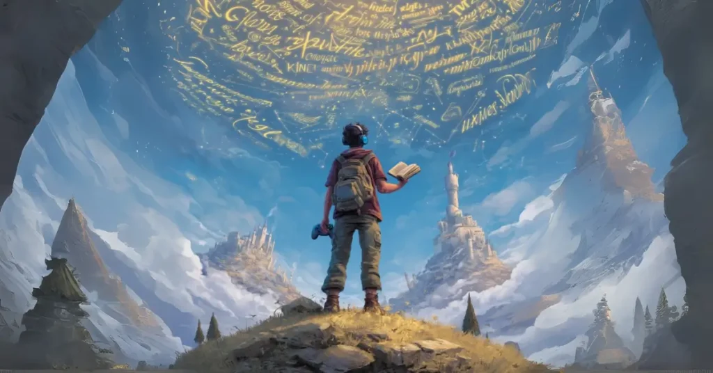 Um nerd com aparência de herói (mochila, headset ou fones de ouvido, camiseta geek) está de pé no topo de uma colina ou montanha digital, olhando para um vasto mundo à frente com castelos de séries, florestas de games, torres de HQs, e céus com frases em inglês flutuando como constelações.