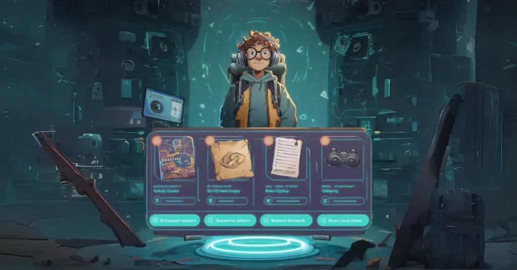 "Uma imagem estilo tela de menu de jogo ou quadro de recompensas em um RPG. No centro, um personagem nerd estilizado com mochila geek e fones de ouvido, em frente a um painel flutuante com quatro itens desbloqueáveis brilhando