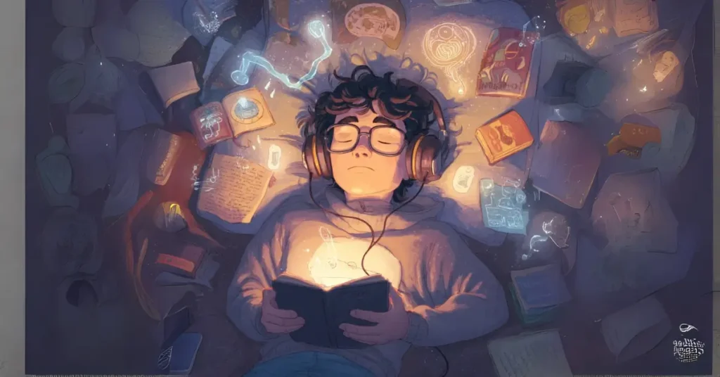 Um personagem nerd de olhos fechados, relaxado e imerso em um mundo sonoro, usando fones de ouvido grandes conectados a um dispositivo brilhante. Ao redor deles, imagens oníricas emergem do som — como constelações, criaturas misteriosas,