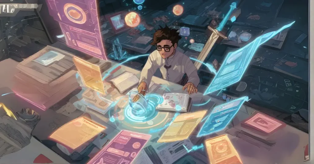 Uma estação de estudo futurista com um sistema de flashcards holográficos exibindo cartas temáticas como "Superpoderes", "Itens de RPG" e "Frases de Ficção Científica", flutuando no ar. Um personagem nerd toca ou vira uma das cartas.