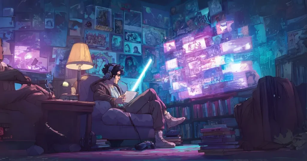 Um personagem nerd sentado confortavelmente em uma sala futurista aconchegante cheia de elementos de ficção científica e cultura pop (como pôsteres de filmes, controles de jogos, um sabre de luz flutuante), assistindo a uma tela holográfica brilhante mostrando cenas de filmes.