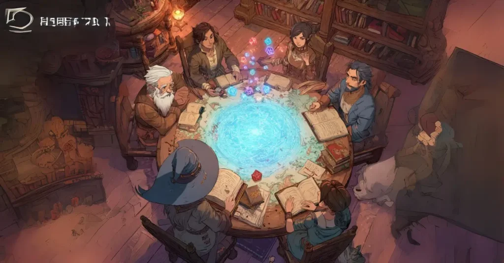 Uma cena ilustrada em estilo de fantasia mostrando um grupo de diversos aventureiros nerds (um mago, um ladino, um bardo, etc.) sentados em volta de uma mesa mágica com um mapa brilhante e dados flutuando no ar, enquanto uma tela etérea