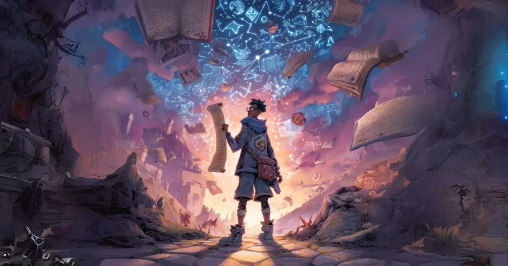 Uma cena de arte conceitual digital mostrando um herói nerd determinado parado em uma encruzilhada, segurando um pergaminho brilhante com uma lista de verificação intitulado "Plano de Estudo de Inglês". Atrás deles, uma paisagem feita de livros abertos, vocabulário flutuante.