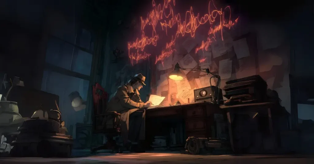 Uma cena de arte conceitual digital de uma sala de estudos de inspiração vitoriana, iluminada por uma única luminária quente, com uma figura jovem e moderna, estilo Sherlock Holmes, sentada a uma pesada mesa de madeira. Ele veste um sobretudo modernizado e um chapéu de caçador.