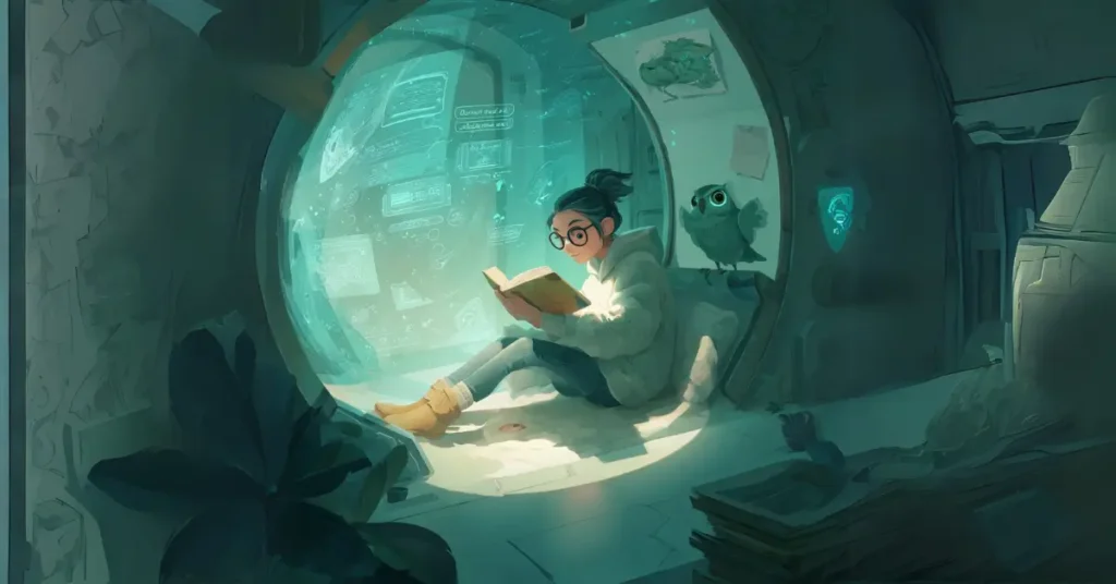 Arte conceitual digital de uma cápsula de leitura futurista e silenciosa com páginas holográficas exibindo histórias interativas em inglês. Um adulto nerd e concentrado senta-se lá dentro, cercado por luz ambiente e elementos de interface flutuantes.