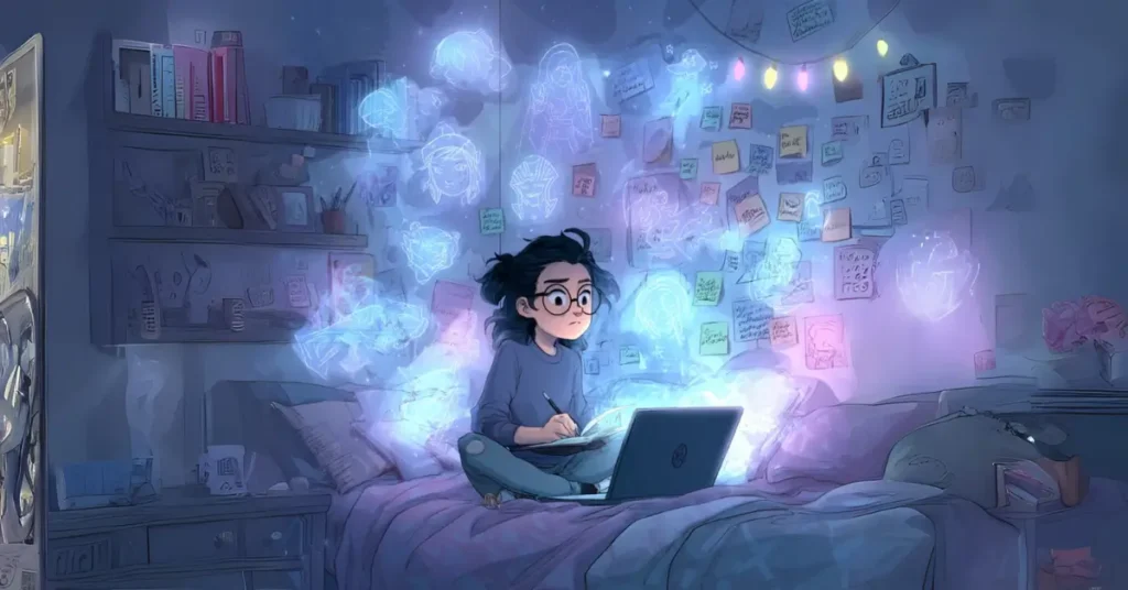 Um adolescente nerd sonhador sentado em seu quarto à noite, iluminado por luzes de fada e uma tela de laptop exibindo uma plataforma de fanfics aberta. Ao redor deles, flutuam silhuetas fantasmagóricas e brilhantes ou ícones de diferentes fandoms.