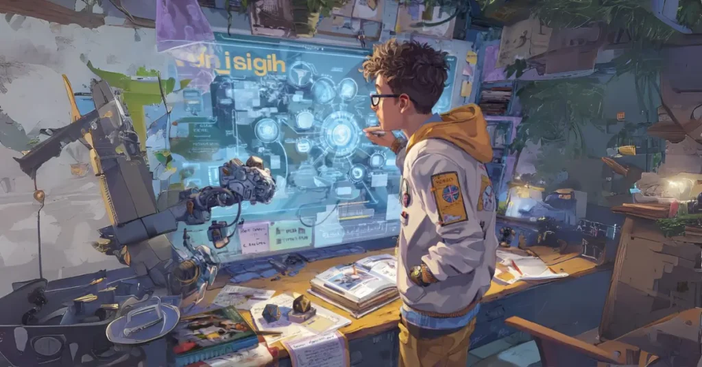 Arte conceitual de um centro de comando de alta tecnologia onde um estrategista nerd (gênero neutro, óculos, moletom com patches geek) analisa um mapa digital brilhante rotulado como "Plano de Domínio da Língua Inglesa".