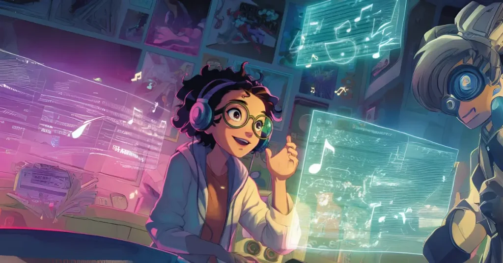 Um adolescente nerd em uma sala retrô-futurista com luzes de neon e pôsteres de música (Aranhaverso, Stranger Things), usando fones de ouvido e sorrindo enquanto interage com uma interface musical flutuante que exibe letras com espaços em branco. Musical