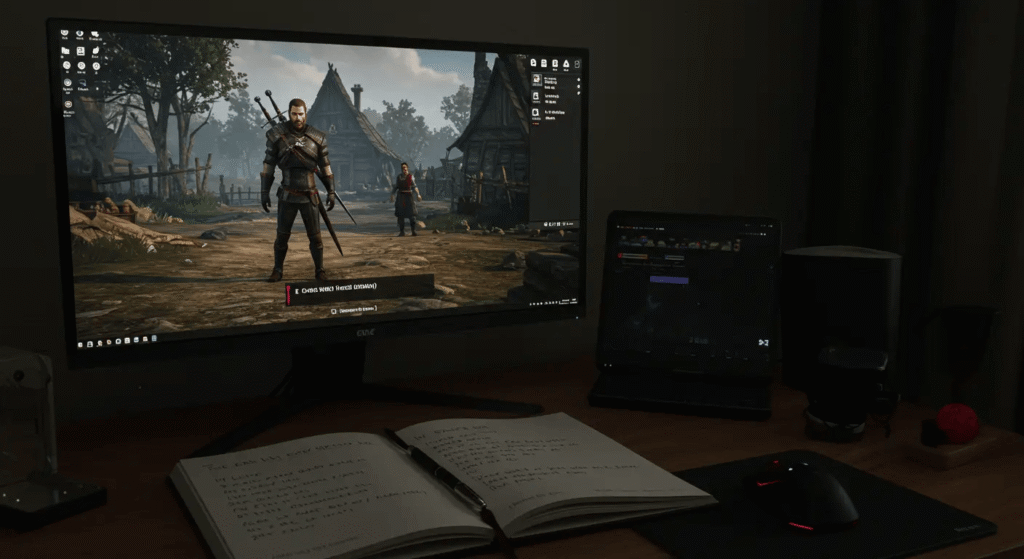Arte conceitual de Geralt em combate com um Leshen (Lupino), representando os phrasal verbs