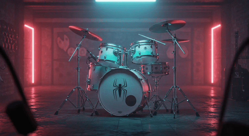 Arte conceitual de uma bateria com as cores de Gwen Stacy, simbolizando sua atitude confiante e artística.