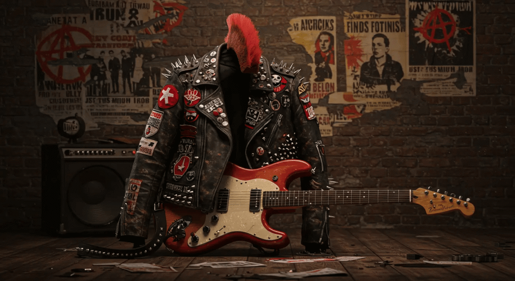 Arte conceitual de uma jaqueta de couro e uma guitarra no estilo punk rock de Hobie Brown (Spider-Punk).