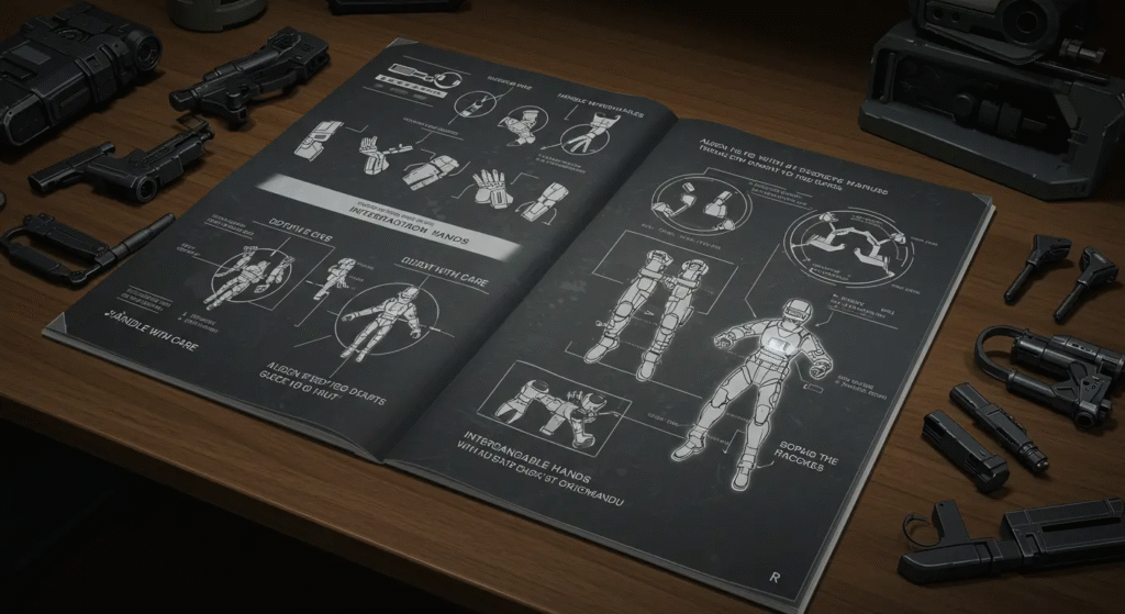 Arte conceitual do manual de instruções da action figure com frases de instrução em inglês, como 'Handle with ca