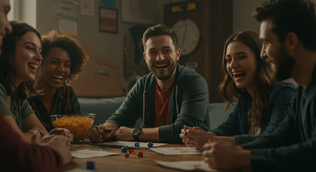 Foto de um grupo de amigos se divertindo e rindo enquanto jogam uma sessão de D&D, destacando um ambiente seguro e colaborativo para pr