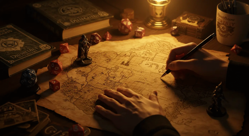 Foto realista de mãos desenhando um mapa de masmorra para uma campanha de D&D, com dados e miniaturas ao redor, simbolizando a preparaç