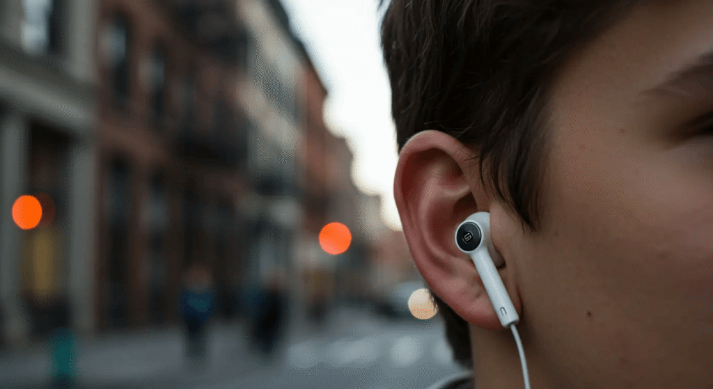 Foto em close de uma pessoa usando fone de ouvido em uma rua movimentada, simbolizando a audição do inglês do dia a dia.