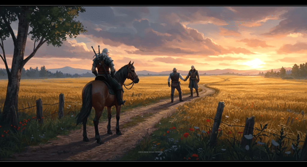 Ilustração de Geralt em seu cavalo, Carpeado, em uma encruzilhada, encontrando um amigo, simbolizando os phrasal verbs