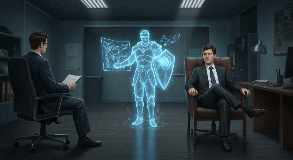 Ilustração de um candidato confiante em uma entrevista de emprego, com a silhueta de seu avatar de jogo atrás dele