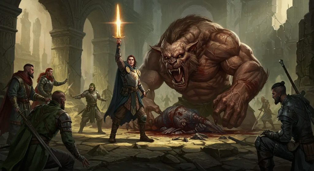 Ilustração de um grupo de aventureiros de D&D prestes a dar o golpe final em um monstro, representando um momento épico de narração em