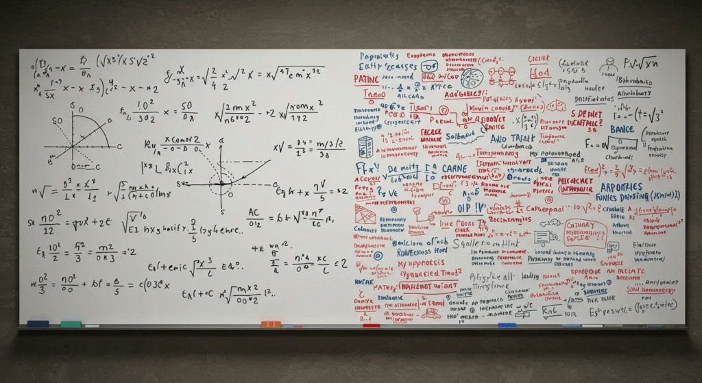Ilustração de um quadro branco com equações de física de um lado e frases de inglês para negócios do outro