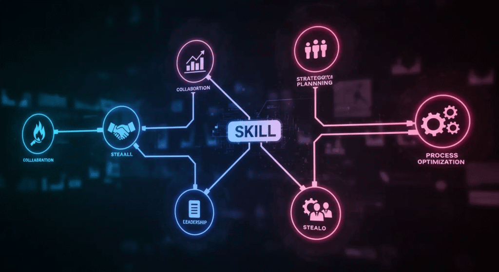 Ilustração de uma árvore de habilidades (skill tree) de videogame, mas com ícones e textos