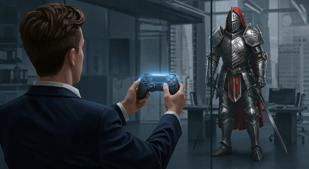 Ilustração de uma pessoa de terno segurando um controle de videogame, com seu reflexo mostrando um cavaleiro de fantasia