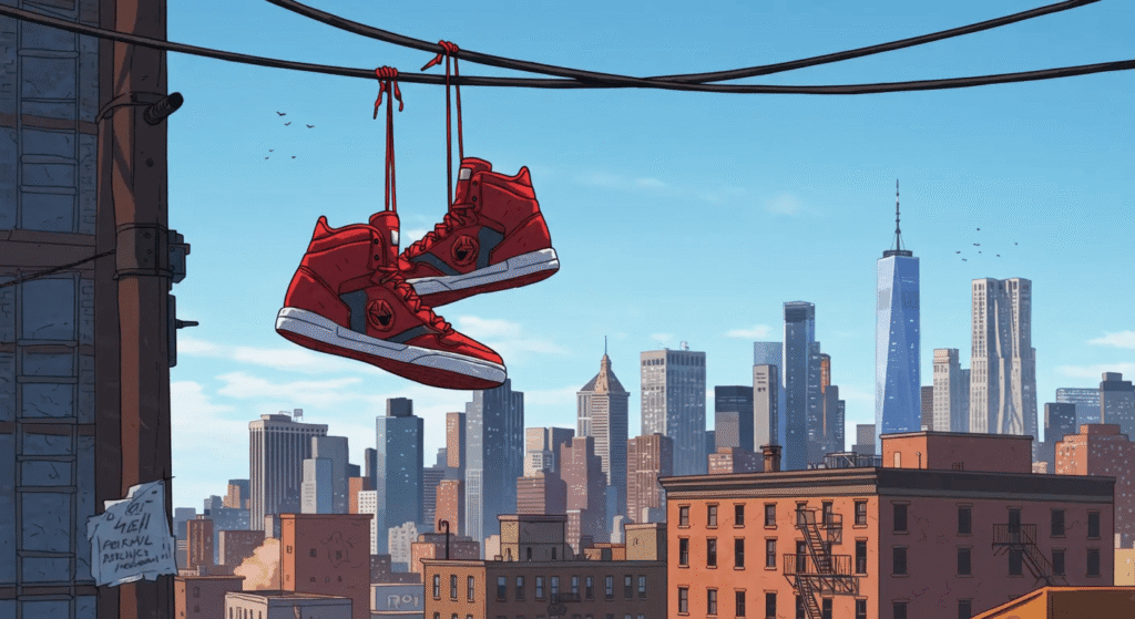 Ilustração digital de um par de tênis no estilo de Miles Morales pendurados em um fio, com o cenário do Brooklyn ao fundo.