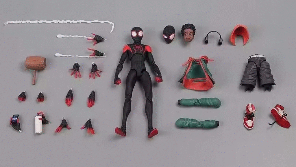 Ilustração técnica da action figure de Miles Morales com setas apontando para detalhes como 'Likeness'