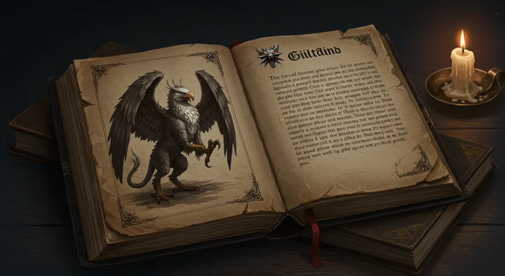 Página de um bestiário do universo de The Witcher, explicando um phrasal verb em inglês em vez de descrever um monstr