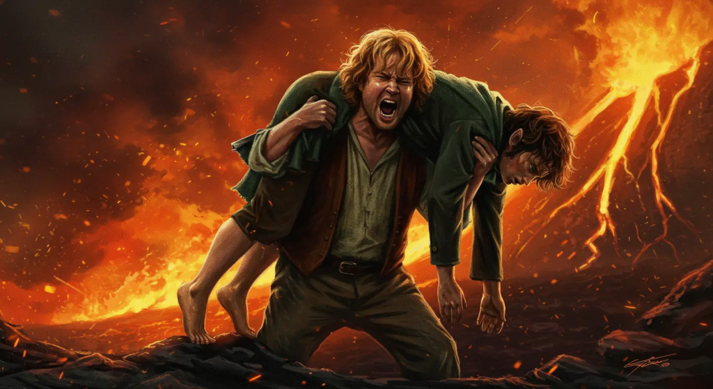 Pintura-digital-emocionante-de-Samwise-Gamgee-levantando-Frodo-na-Montanha-da-Perdição