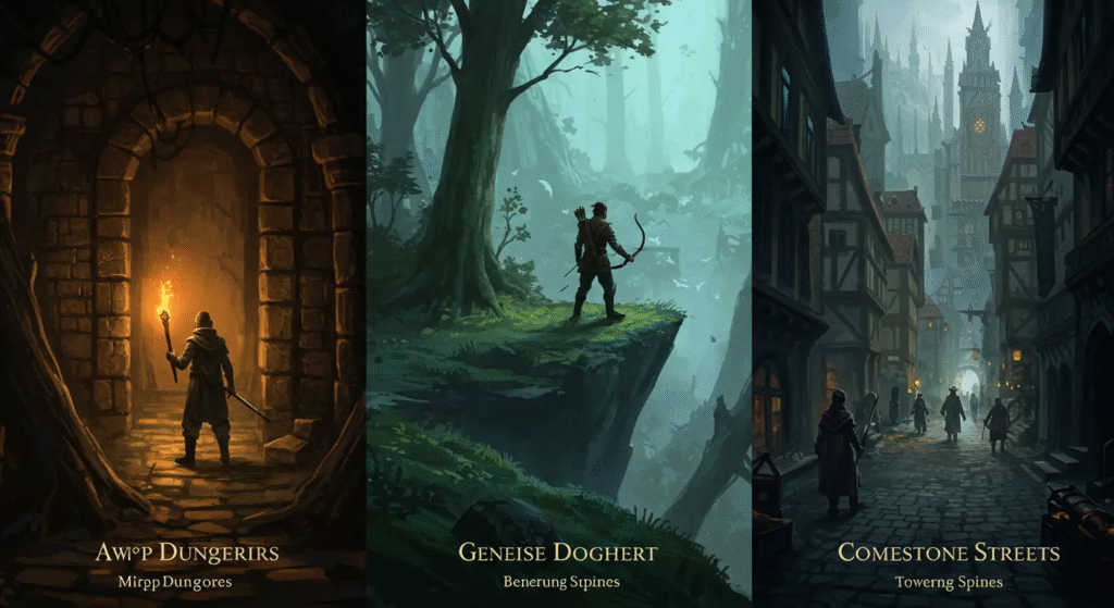 Pintura digital mostrando três cenários de fantasia uma masmorra, uma floresta e uma cidade medieval, representando o vocabulário de c