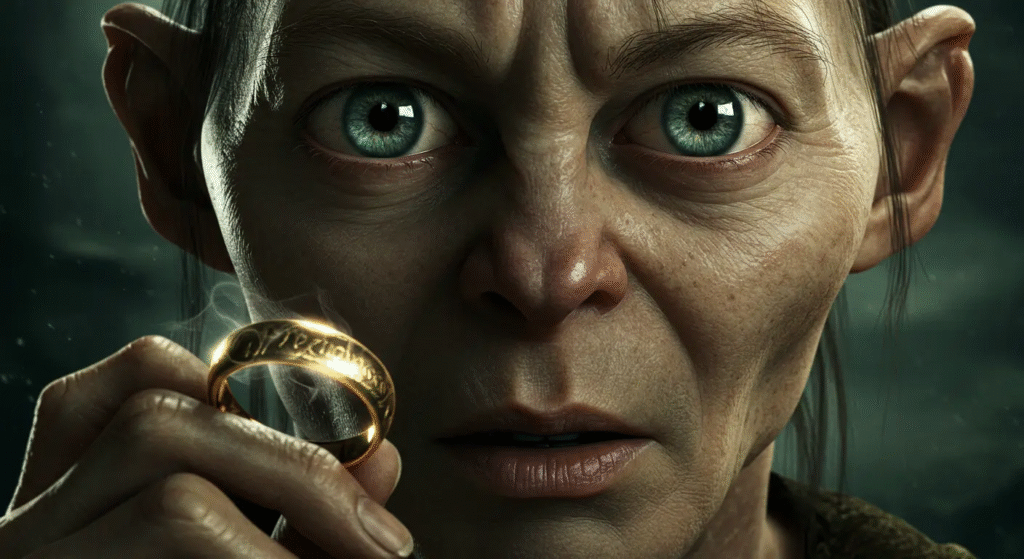 lose-up-realista-no-rosto-de-Gollum_-com-foco-em-sua-boca_-visualizando-o-som-sibilante-e-sussurrado