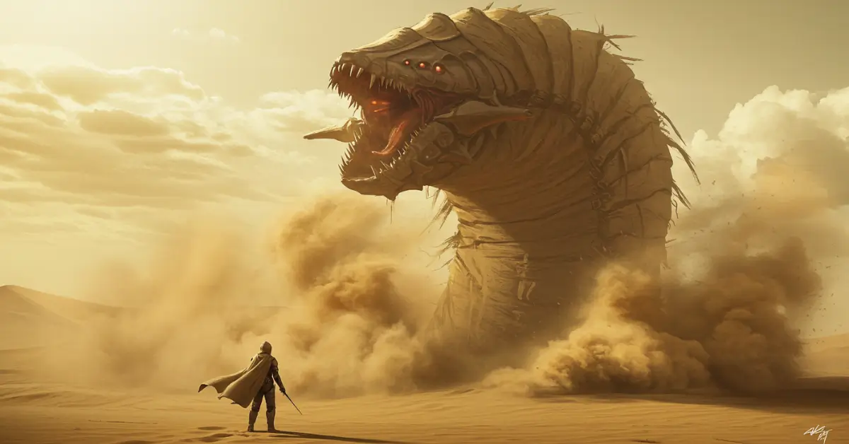 Um verme da areia gigante (Shai-Hulud) emergindo das areias de Arrakis