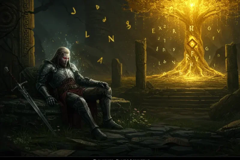 Pintura digital realista de fantasia sombria mostrando um guerreiro Maculado descansando em um brilhante Ponto de Graça nas Terras Intermédias.