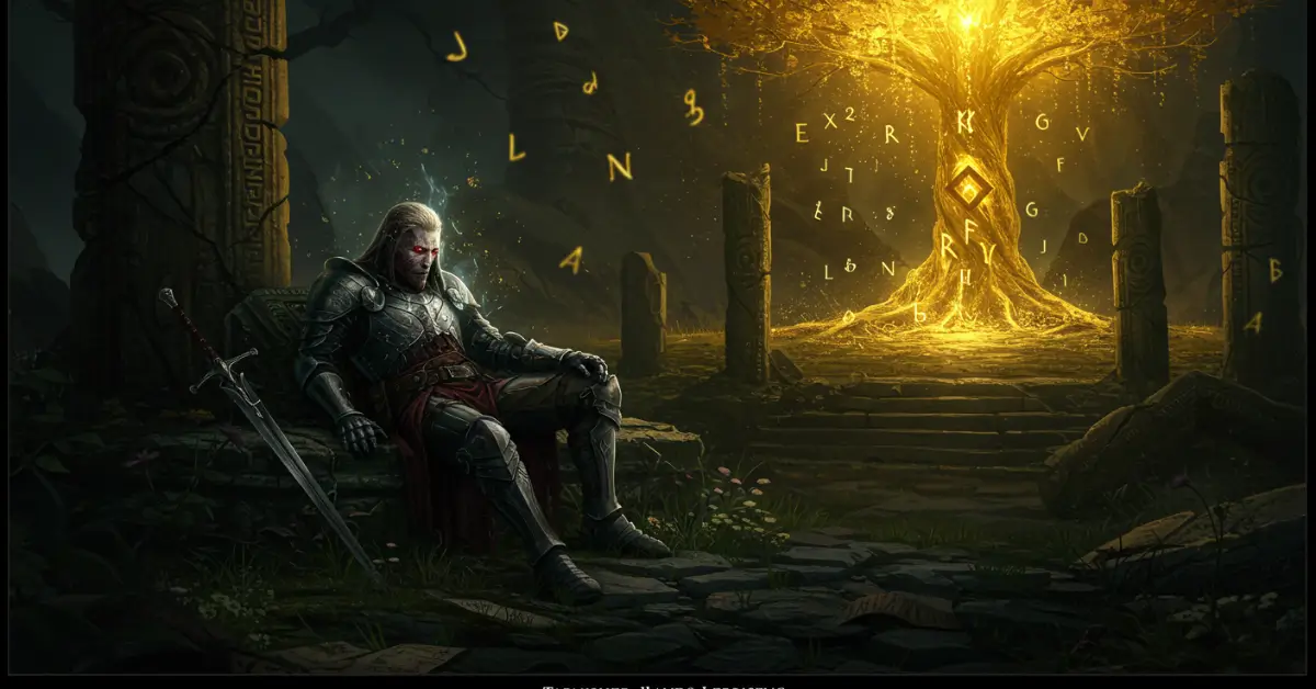 Pintura digital realista de fantasia sombria mostrando um guerreiro Maculado descansando em um brilhante Ponto de Graça nas Terras Intermédias.