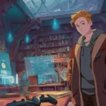 Um jovem jogador adulto em uma sala que mistura fantasia e ficção científica — um lado cheio de estantes mágicas e runas brilhantes, o outro com tecnologia futurista, telas mostrando estatísticas de RPG