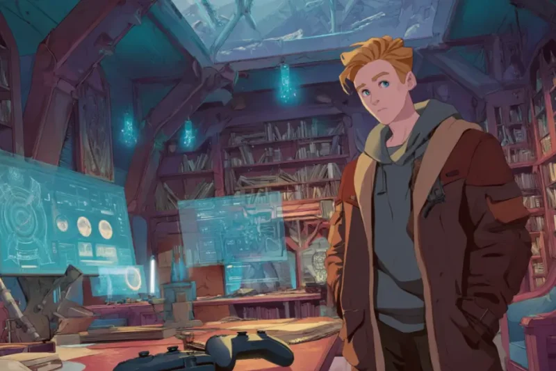 Um jovem jogador adulto em uma sala que mistura fantasia e ficção científica — um lado cheio de estantes mágicas e runas brilhantes, o outro com tecnologia futurista, telas mostrando estatísticas de RPG
