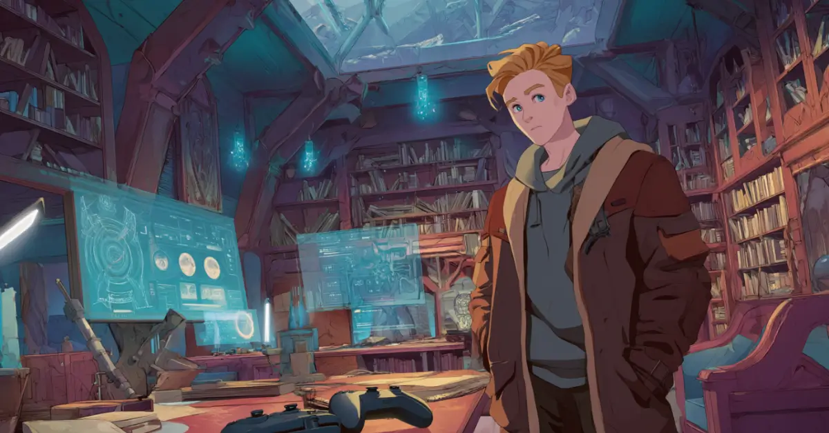 Um jovem jogador adulto em uma sala que mistura fantasia e ficção científica — um lado cheio de estantes mágicas e runas brilhantes, o outro com tecnologia futurista, telas mostrando estatísticas de RPG
