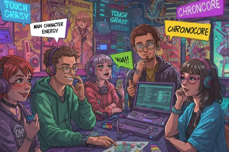 Ilustração em colagem digital mostrando um grupo de jovens nerds conversando animadamente, com balões de fala flutuando acima deles contendo frases como 'Main Character Energy', 'Touch Grass' e 'Chronocore'.