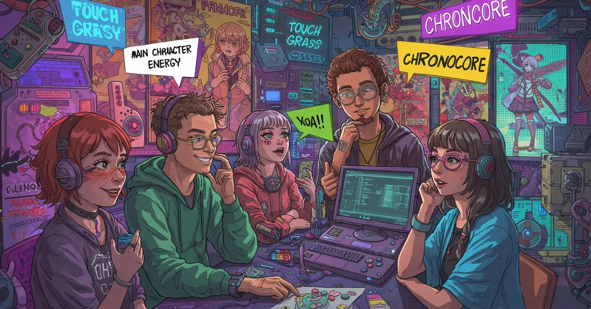 Ilustração em colagem digital mostrando um grupo de jovens nerds conversando animadamente, com balões de fala flutuando acima deles contendo frases como 'Main Character Energy', 'Touch Grass' e 'Chronocore'.