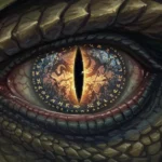 Ilustração digital, estilo D&D. Close-up nos olhos reptilianos e intensos de um draconato feiticeiro, refletindo uma visão caótica conjurada em um orbe de adivinhação