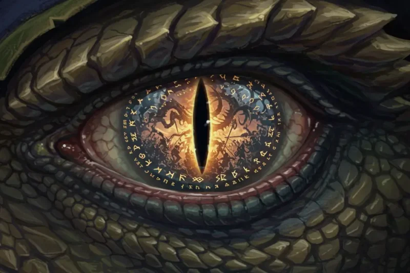 Ilustração digital, estilo D&D. Close-up nos olhos reptilianos e intensos de um draconato feiticeiro, refletindo uma visão caótica conjurada em um orbe de adivinhação