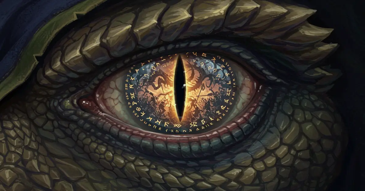 Ilustração digital, estilo D&D. Close-up nos olhos reptilianos e intensos de um draconato feiticeiro, refletindo uma visão caótica conjurada em um orbe de adivinhação
