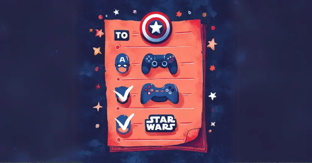Uma lista de tarefas com uma estética geek, com checkboxes e ícones de cultura nerd como o Capitão América, um controle de videogame, e o logo de Star Wars.