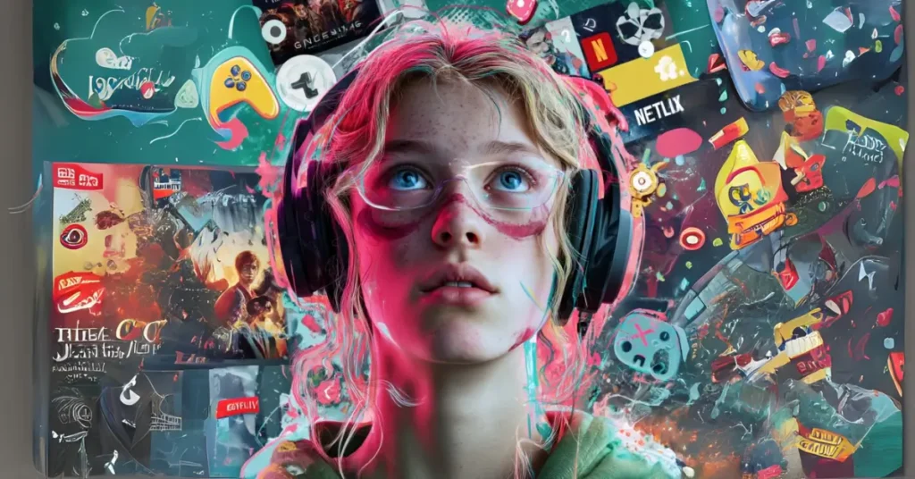 Uma imagem vibrante com uma pessoa usando fones de ouvido, com ícones de filmes, séries e games flutuando ao redor, representando a fusão entre o mundo geek e o aprendizado de inglês.